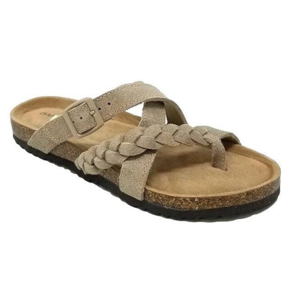 Braided Suede Toe-Loop Slide Sandal in Beige